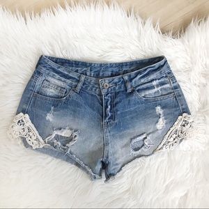 Zara Lace Crochet Detail Light Wash Denim Shorts